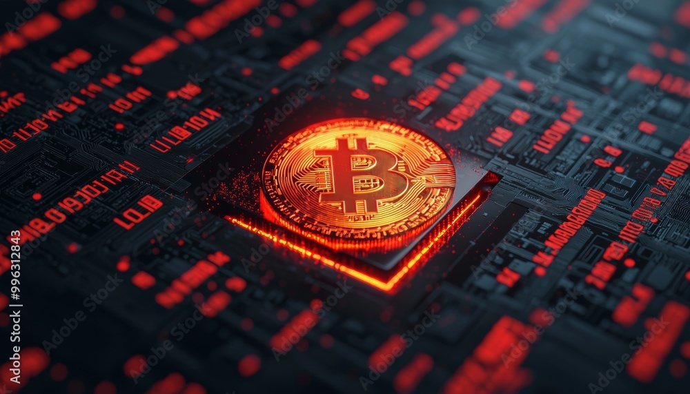 Poster bitcoin coin on a circuit board with glowing effects, isolated on dark background.