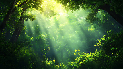 Fototapeta premium A serene forest scene with sunlight filtering through the dense green foliage, creating a peaceful and enchanting atmosphere in nature.