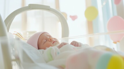 Newborn wearing a cap in a crawlspace in the hospital. Assistance, accompaniment, natural childbirth. Medical, pediatric, neonatal banner, design, cover, wallpaper