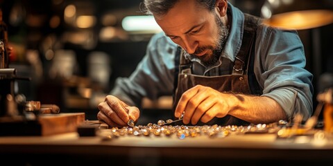 Jewelry Artisan at Work, a skilled artisan delicately arranging vibrant gemstones, warm lighting enhances the inviting workshop ambiance