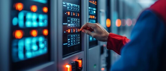 Close-up of hand adjusting digital controls in data center with glowing displays.
