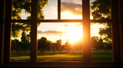 A serene landscape viewed through a window at sunset, showcasing lush greenery and a warm golden light, creating a tranquil atmosphere.