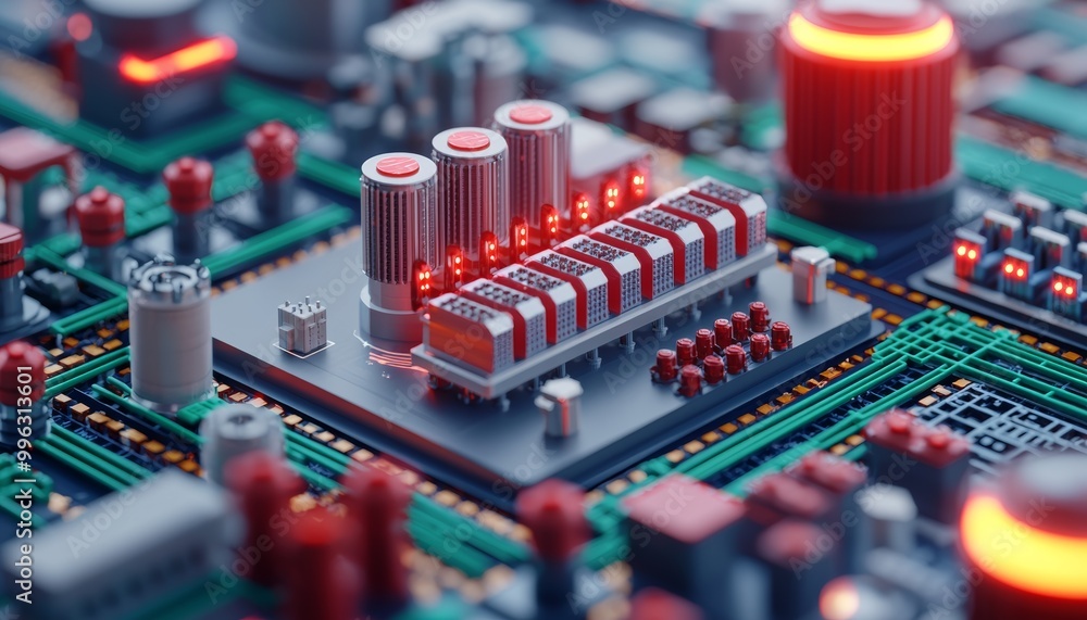Poster close-up view of a circuit board with illuminated components and intricate details.