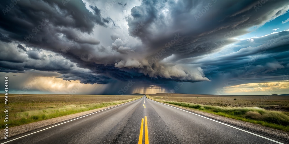Poster the background of the empty road leading to the storm generative by ai