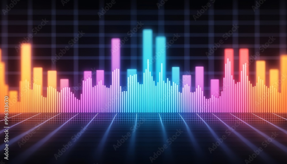Poster colorful audio waveform on a dark background, visualizing sound frequency.