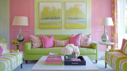 vibrant living room featuring soft pink and lime green colors, with floral patterns on cushions and artwork. playful decor creates cheerful and inviting atmosphere
