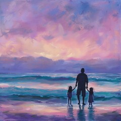 Beachside Twilight Silhouettes Drawing Piece: A vibrant, pastel-colored backdrop of a twilight sky over the ocean, blending lavender, pink, wiht generatife ai