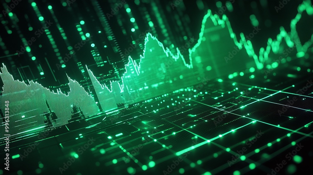 Poster a dynamic abstract representation of financial data with green digital graphs and patterns, symboliz