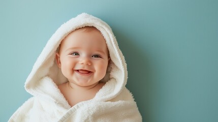 Cute smiling baby covered with white towel. Baby care and hygiene. Parenthood and infancy. Poster, wallpaper, banner with copy space