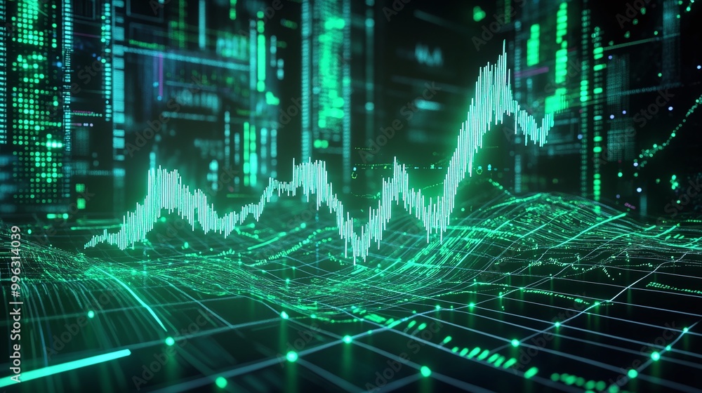 Poster a dynamic digital representation of market trends with green data visualizations and geometric patte