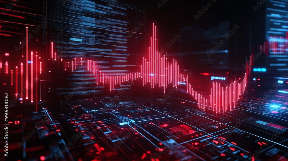 Poster a dynamic digital visualization of sound waves in vibrant red against a network of glowing data line