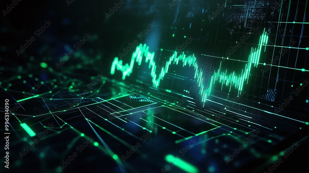 Poster a dynamic green data visualization showcasing fluctuating graphs and analytical patterns on a dark b
