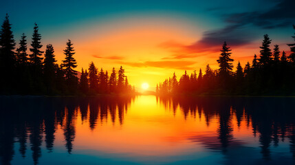 Obraz premium A serene sunset over a calm lake, surrounded by tall trees, reflecting vibrant colors of orange, pink, and blue in the water, creating a peaceful natural atmosphere.