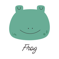 Cute river frog vector illustration. Head of frog is drawn in cartoon style. Children's print, sticker.