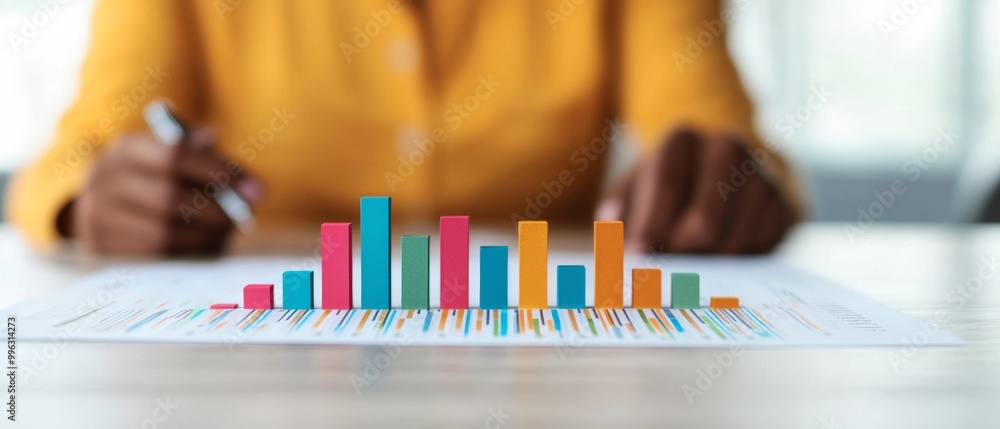 Poster data analysis with colorful charts and graphs on a desk, business analysis concept.