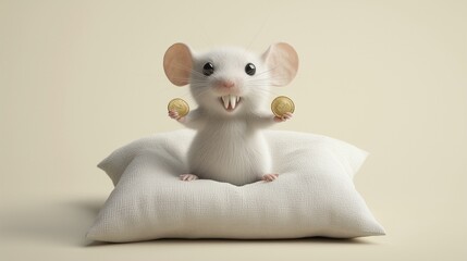Cute fuzzy mouse holding a tooth and a coin in his paws. Dent Insurance, Dentistry, Tooth Fairy. Poster, banner, wallpaper.