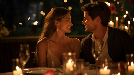 A romantic moment of a couple enjoying a candlelit dinner, smiling warmly at each other amidst soft lighting and elegant surroundings.