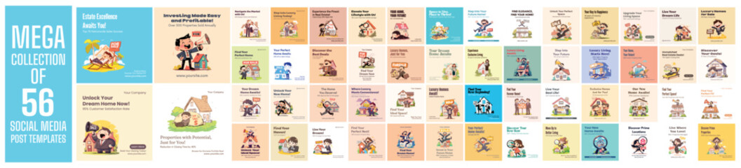 Mega collection of 56 social media post design template. Used for property agent advertising