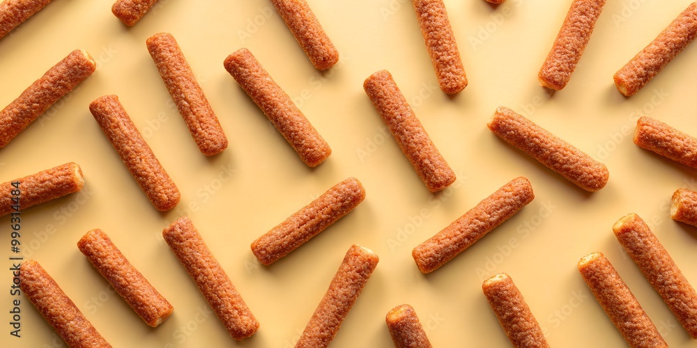 Poster flat lay of mini fuet snack sticks on the beige background ai generative