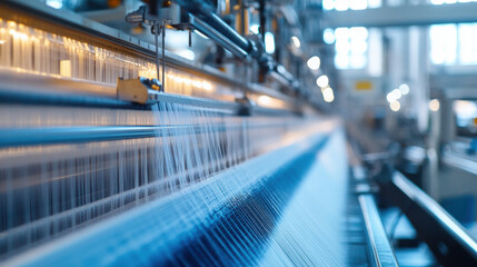 Textile weaving machines are producing fabric in modern industrial setting, showcasing intricate processes and technology. atmosphere is vibrant and dynamic, reflecting art of textile production