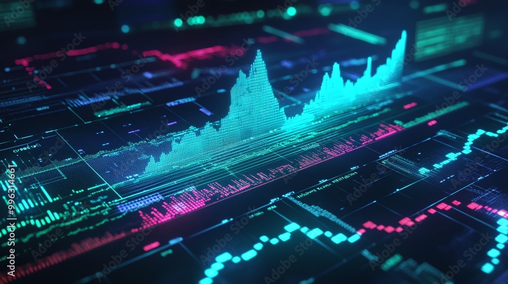 Poster a vibrant digital chart with fluctuating lines and colorful data points, showcasing financial trends