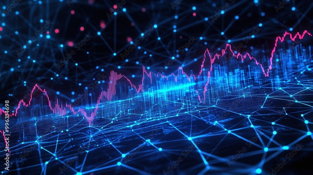 Poster a vibrant digital data visualization with network connections and fluctuating graphs on a dark backg