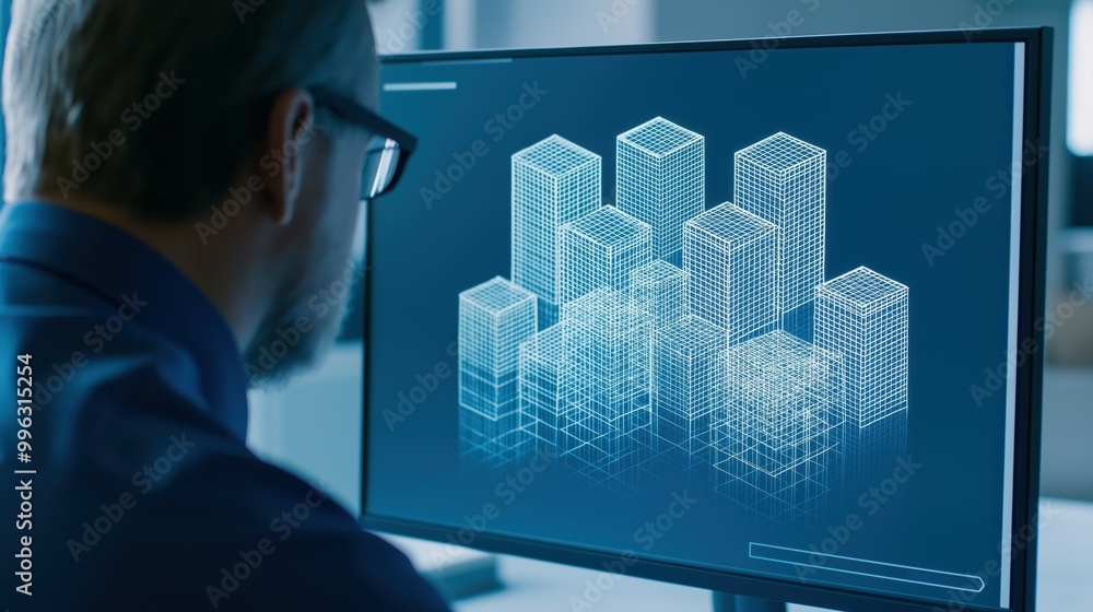 Poster a focused close-up of an executive studying a 3d business model on a computer screen, reflecting dee