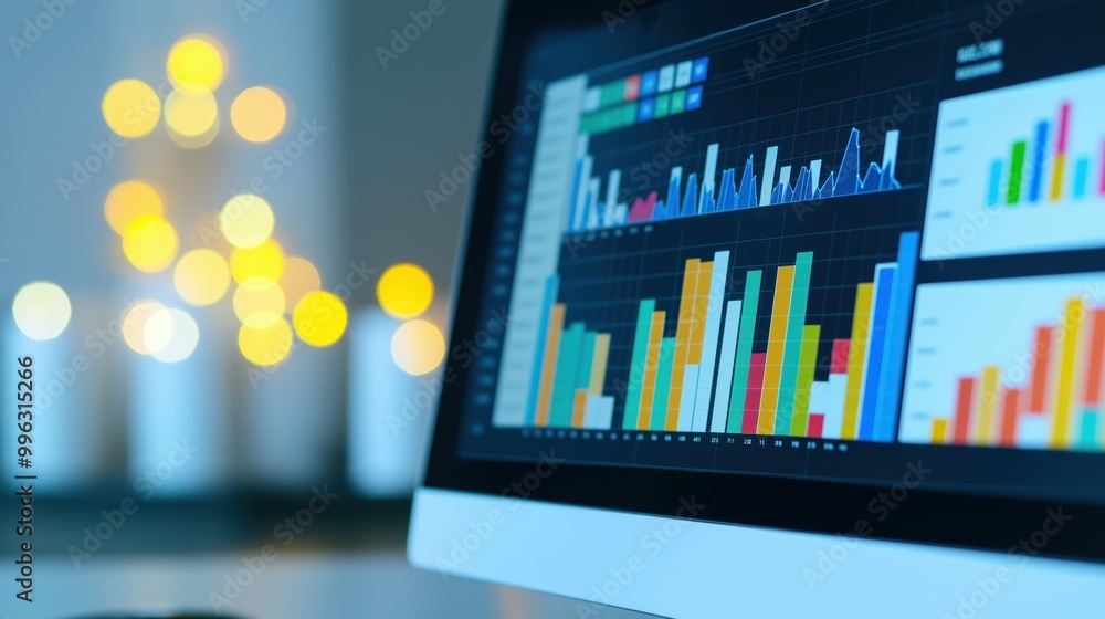 Poster close-up of a computer screen showing a dynamic sales dashboard with colorful graphs, while a focuse