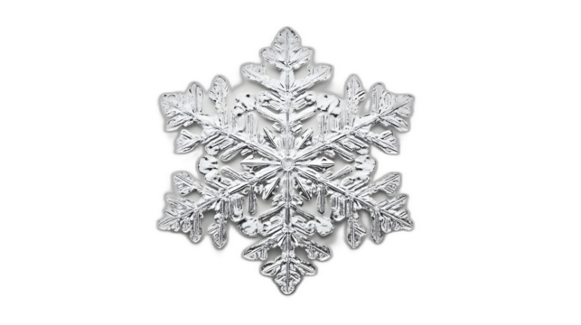 A snowflake with intricate patterns isolated on a plain white background