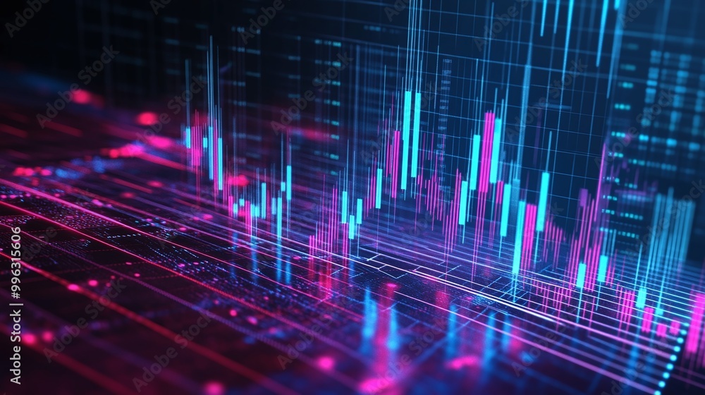 Poster a vibrant, futuristic data visualization in blue and pink tones depicting dynamic graphs and statist