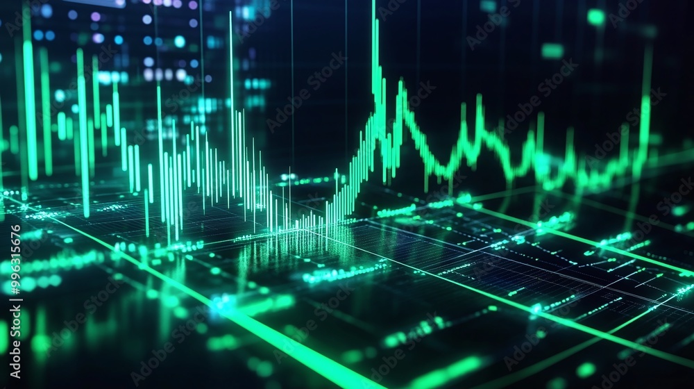 Poster a visual representation of data analysis with green and blue glowing graphs on a dark background, sh