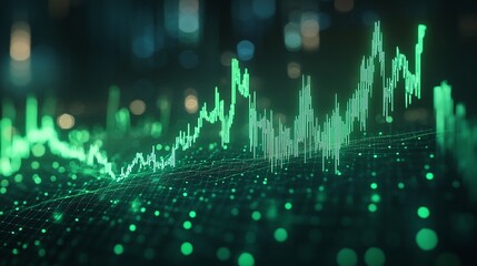 A vibrant green financial chart showing upward trends and data fluctuations, symbolizing market growth and analytics.