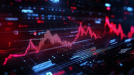 Abstract data visualization chart with red fluctuating lines on a dark background, representing stock market trends.