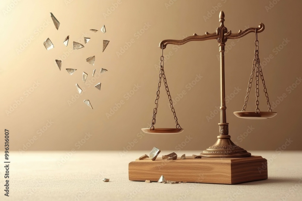 Poster a set of shattered scales on a plain surface symbolizing the imbalance and injustice created by extr