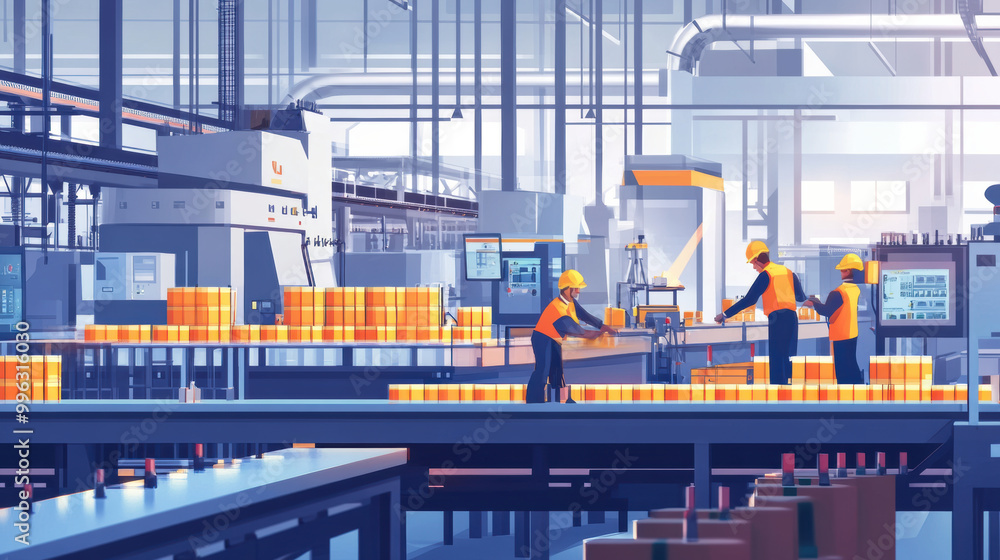 Aufkleber efficient workers inspecting products on production line in modern factory. scene showcases teamwork