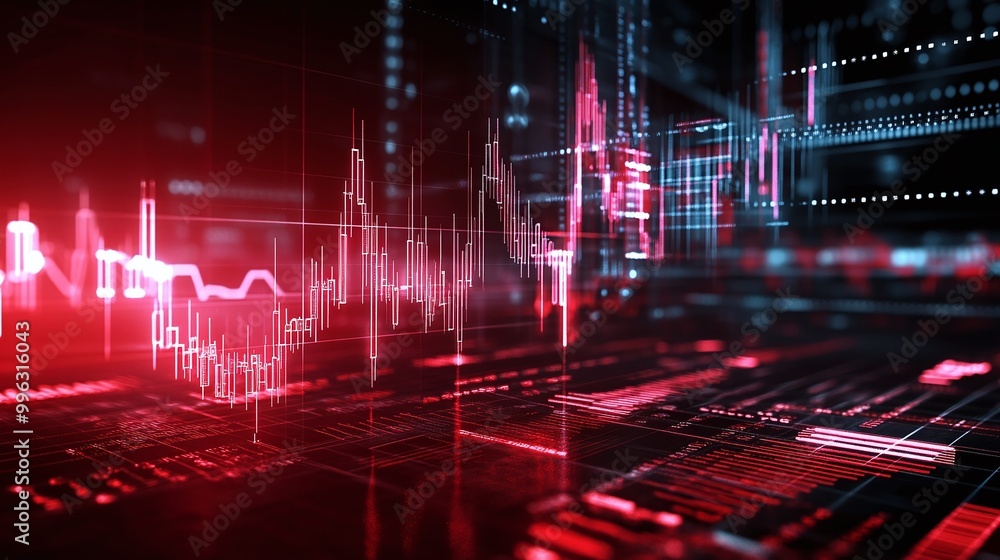 Poster abstract data visualization in red and blue tones, showcasing digital graphs and analytics on a dark