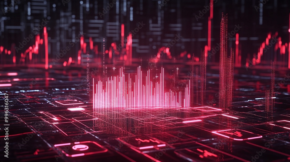 Poster abstract data visualization in red and black, depicting data metrics and digital information in a fu