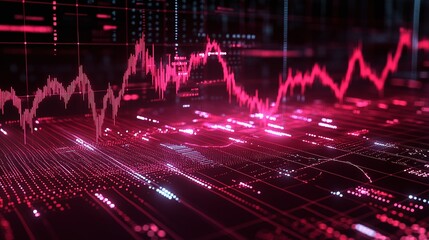 Abstract data visualization in red shades, representing stock market fluctuations and digital analytics.