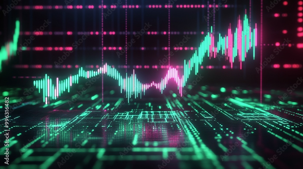 Poster abstract data visualization showing fluctuating stock market graphs with vibrant colors.