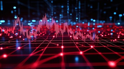 Abstract data visualization on a digital grid with glowing red and blue elements, representing modern technology concepts.