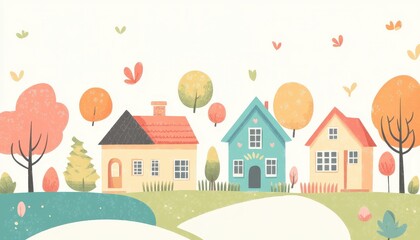 Cute houses and trees, village landscape, flat design illustration