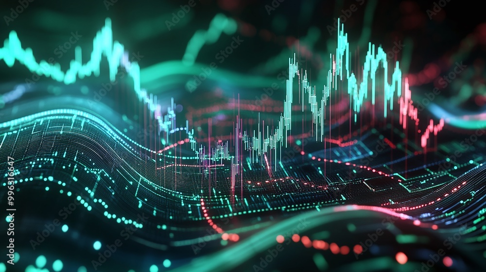 Poster abstract data visualization with colorful graph lines and wave patterns representing digital financi