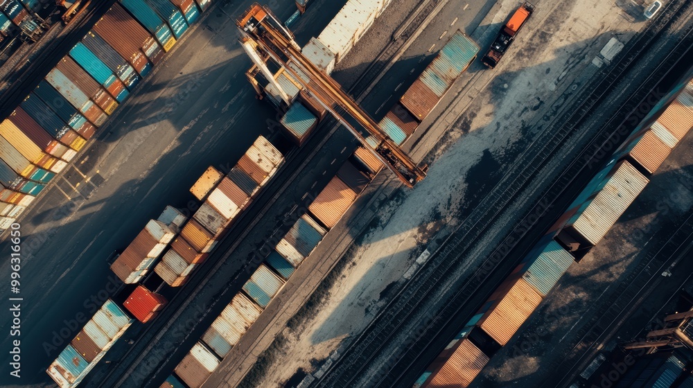 Poster cargo train passing through container terminal with cranes loading merchandise