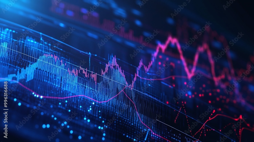 Poster abstract data visualization with colorful charts and graphs against a dark background.