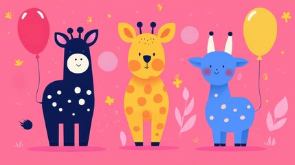 Obraz premium Playful animals with balloons, cheerful colors, flat design illustration