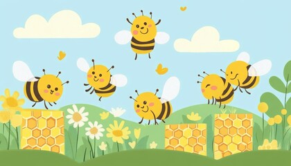 Naklejka premium Smiling bees and honeycombs, nature theme, flat design illustration