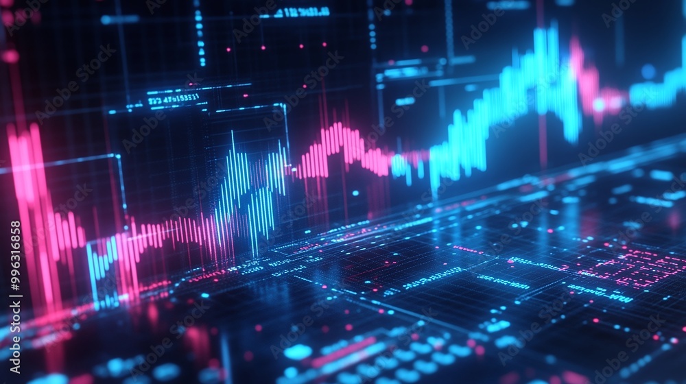 Poster abstract data visualization with colorful graphs and digital elements on a futuristic background.