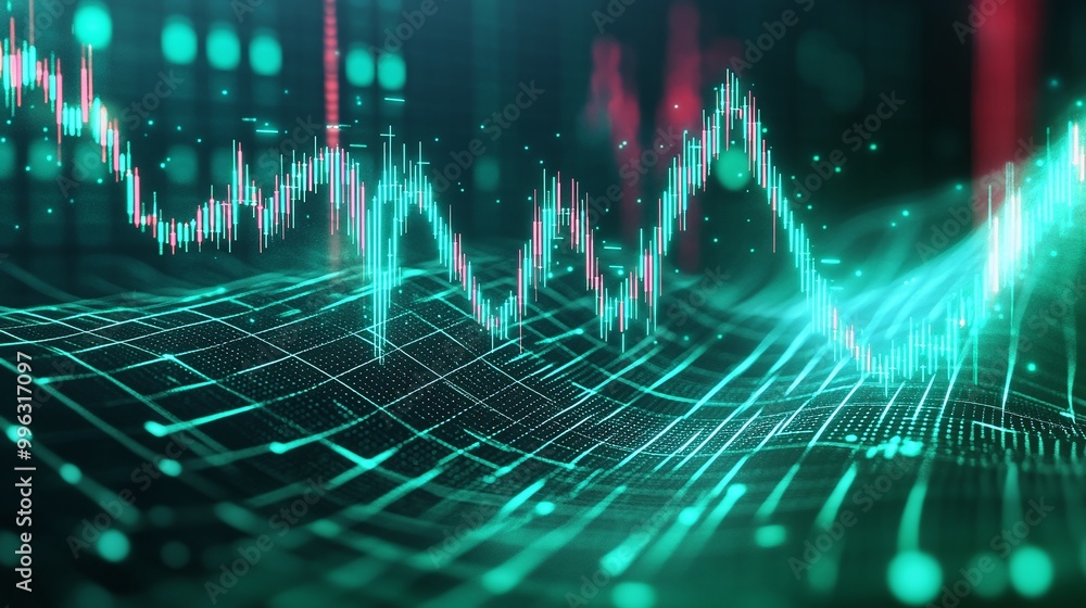 Poster abstract data visualization with digital graph and glowing elements in green and red tones.