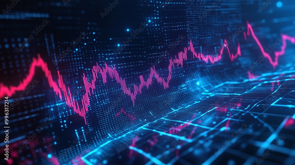 Poster abstract data visualization with digital graphs and neon colors representing financial trends on a h