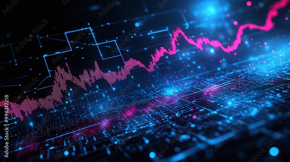 Poster abstract data visualization with dynamic charts and glowing lights for digital analytics and financi